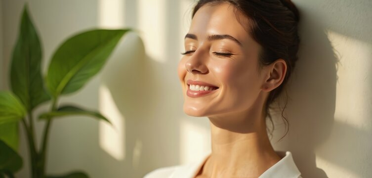 Woman smiles with closed eyes, bathed in soft sunlight near green plant. She exudes peace, tranquility, wellbeing. Her serene expression suggests inner calm, mindfulness, ideal for wellness content.
