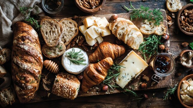 Rustic Gourmet Cheese Board with Artisan Breads, Flaky Croissants, and Nuts, Overhead View.