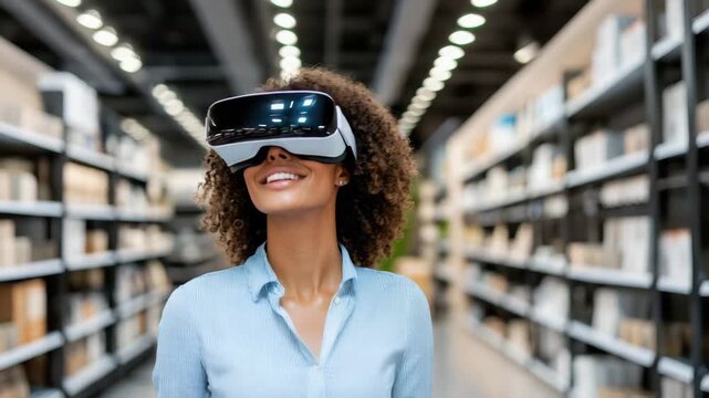 Young woman smiling retail aisle with virtual reality headset exploring modern store technology