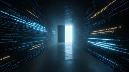 Digital tunnel with glowing binary code leading to bright light - Powered by Adobe