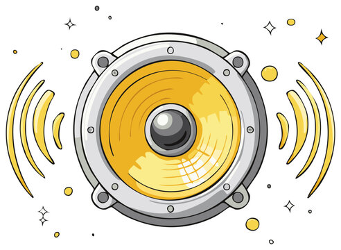 Yellow audio speaker playing loud music cartoon vector illustration