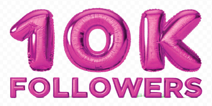 abstract 3d 10K FOLLOWERS typography text made by with different color foil balloons style isolated on transparent background