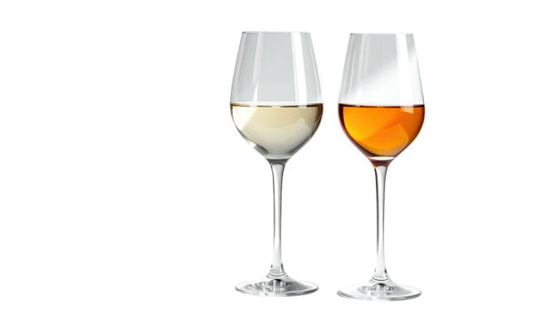 Two wine glasses, filled with different colored liquids