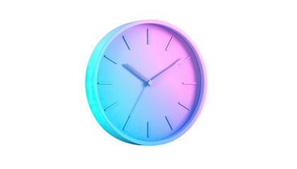 Round clock with hands, illuminated with blue and pink light