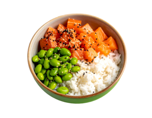 Close-up view of a vibrant poke bowl with salmon, edamame, and rice, garnished with sesame seeds