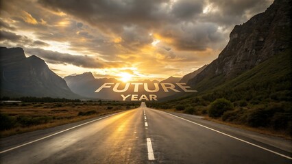 a winding asphalt road stretches towards the horizon beneath a dramatic cloudy sunset sky with mountains framing the view and the word future overlaid