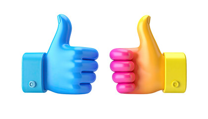 Two thumbs up blue and yellow, glossy 3D rendering