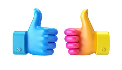 Two thumbs up blue and yellow, glossy 3D rendering