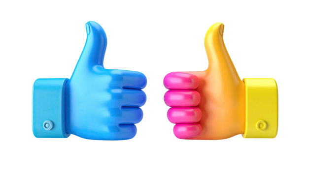Two thumbs up blue and yellow, glossy 3D rendering