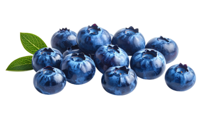 Heap of ripe blueberries, leaves on a stark background