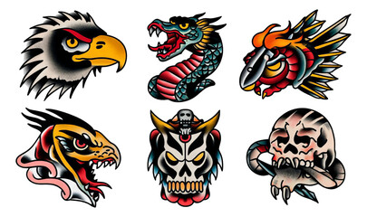 Traditional Tattoo Art Featuring Mythical Creatures on a Transparent Background