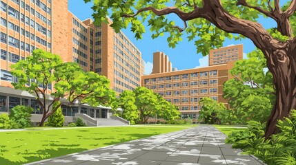 A beautiful day is depicted in a charming illustration of a college campus with a big green lawn, brick buildings, and lush trees