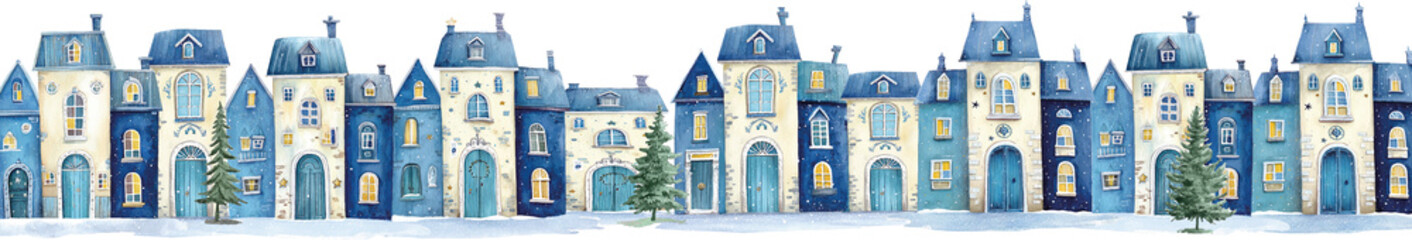Christmas village watercolor illustration blue and cream colored, landscape scenery with many houses and fir trees, flat style, isolated on transparent background for decoration or web site banner