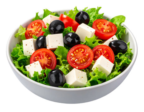 Close-up view of a vibrant salad bowl featuring fresh ingredients tomatoes, olives, cheese, and lettuce. The bowl is pristine