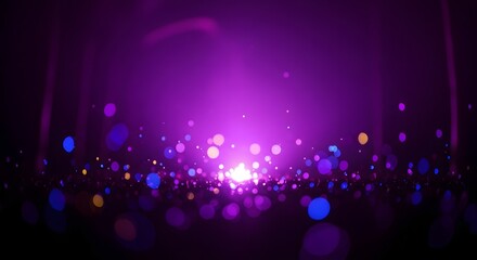 Abstract purple background with bokeh lights and a bright center light source shining upwards