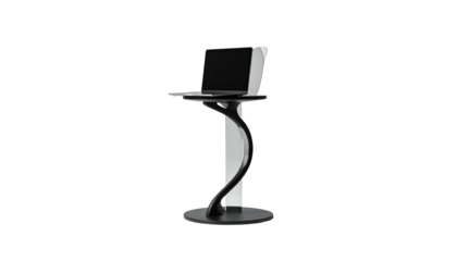 Laptop on minimalist, modern, curved stand against black
