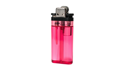 Transparent pink lighter with a silver top, against black