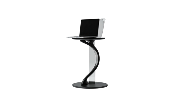Laptop on minimalist, modern, curved stand against black
