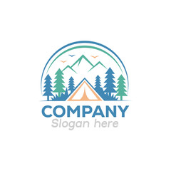 Design a memorable camping logo with mountains, trees and birds for outdoor adventure brand