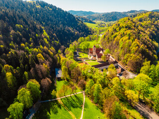 Medieval monastery Cerveny Klastor near Peak Tri Koruny or Trzy Korony in Pieniny National park in Slovakia and Poland © Zedspider