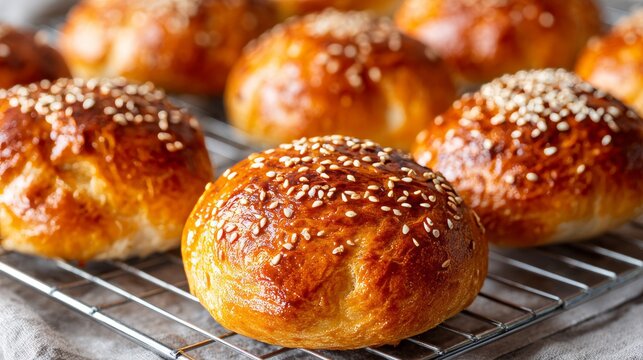 Today, golden brioche buns that were freshly baked and topped with sesame seeds are cooling on a wire rack in a bakery - Powered by Adobe
