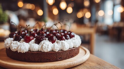A delectable black forest cake adorned with whipped cream and cherries is showcased on a wooden board in the warm glow of a cozy cafe
