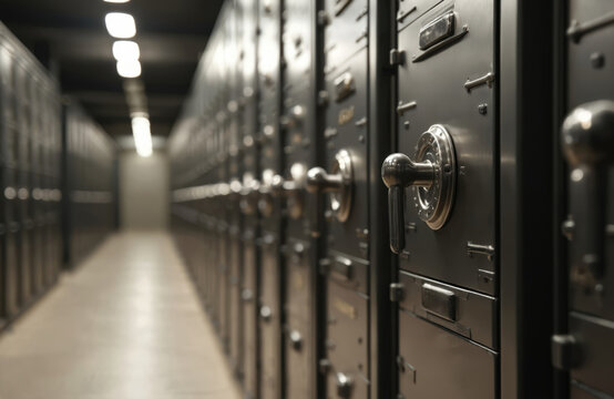 Rows of secure bank deposit boxes inside a vault room. Metal doors with locks offer private safe storage. Financial institutions provide this protection for valuables. High security for assets.