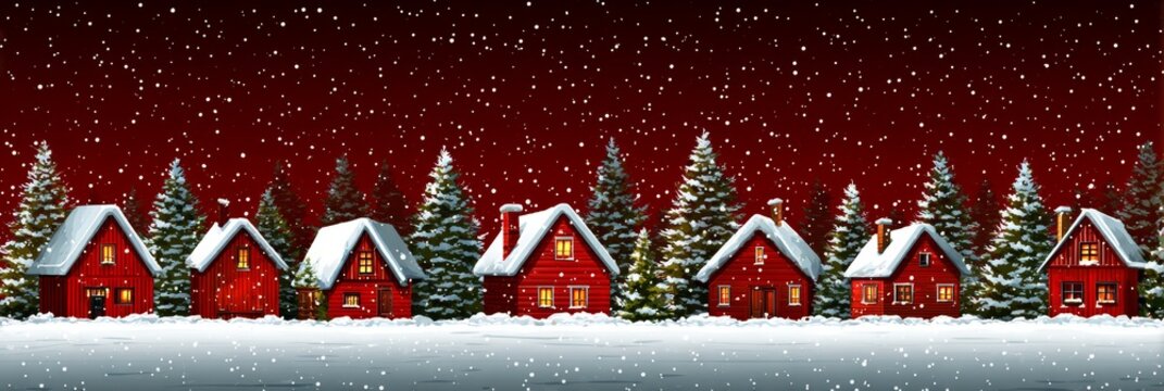 A serene and beautiful Christmas snowfall has resulted in the snowy rooftops of charming red and black houses glistening brightly on a cold winter night
