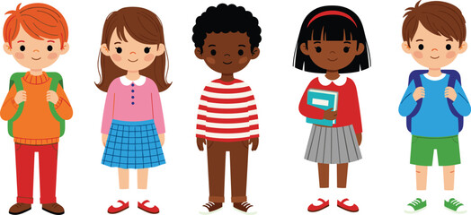Diverse group of cartoon children standing together, colorful outfits, school kids illustration, multicultural students, happy children, education concept, friendship