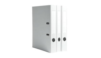 Three plain white ring binders stand vertically