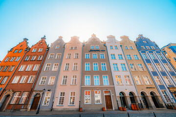 Gdansk with Motlawa river in Poland. Old town colourful house with saint Marys church i main square.
