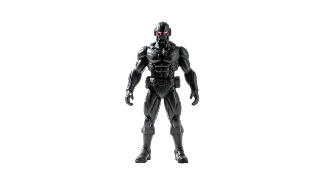 Dark figure with glowing red eyes stands in stark contrast