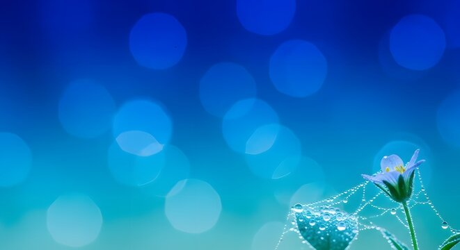 Close up of a small white flower with water droplets on a spider web with blue background bokeh effect