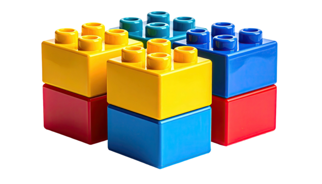 Stacked colorful interlocking plastic bricks, childhood construction