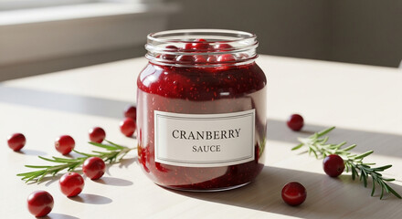 Cranberry sauce jar with fresh cranberries and rosemary on table
