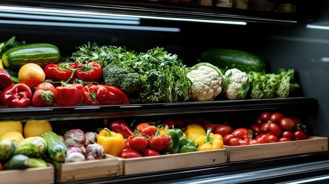 Fresh colorful bell pepper tomato cauliflower broccoli lettuce zucchini display market shelves with