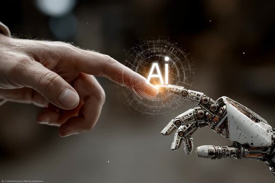 A human hand and a robotic finger touch, with digital graphics of artificial intelligence technology floating between them.