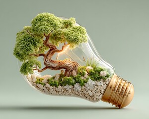 Light bulb growing tree branches showing creativity process in educational green tones