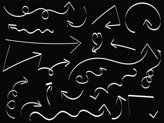 Hand-drawn curved and swirl arrows set on black background, White doodle swirl and curved arrows collection on black background, Decorative hand-drawn doodle arrows with curves loops 