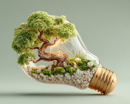 Light bulb growing tree branches showing creativity process in educational green tones - Powered by Adobe