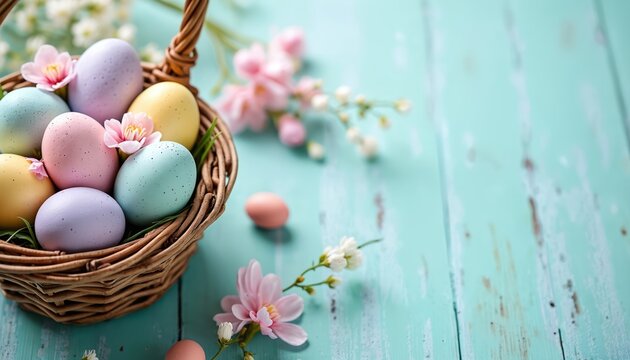 Easter eggs in pastel colors and small flowers are arranged in a wicker basket on a rustic wooden table. Gentle spring theme creates a festive mood. Empty space for text.