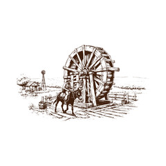 Vintage illustration of a watermill with a man riding a donkey isolated on