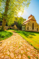 Medieval monastery Cerveny Klastor near Peak Tri Koruny or Trzy Korony in Pieniny National park in Slovakia and Poland © Zedspider