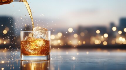 Close Up of Whiskey Bottle Being Poured into Glass with Ice Cubes