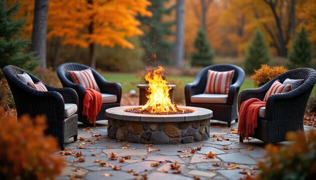 Outdoor patio area with fire pit chairs blankets and fall leaves. Cozy backyard seating arrangement with glowing campfire among autumn trees. Relaxing evening ambiance. - Powered by Adobe