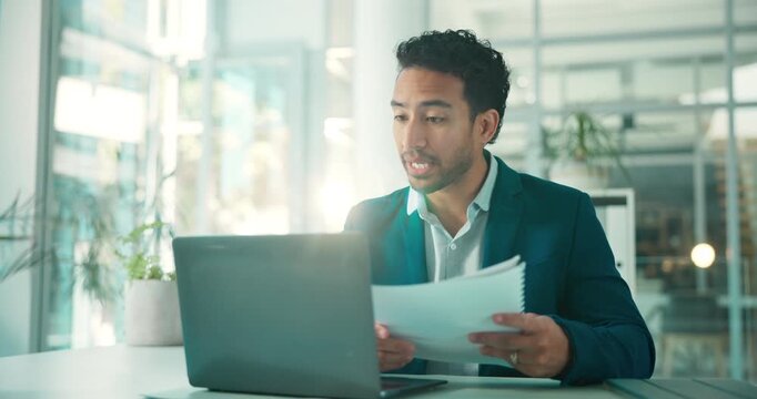 Laptop, business man and document on video call for portfolio review, investment advice or guidance. Flare, financial advisor and virtual meeting with report in office for account update or feedback