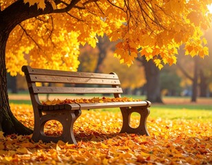 Wooden park bench beneath a tree with vibrant yellow autumn foliage