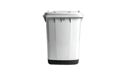 A white plastic trash can with black bottom stands tall