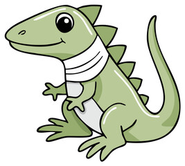 Fototapeta premium A cute green cartoon dinosaur with a neck brace recovering from an injury
