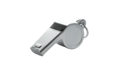 Silver whistle reflecting light against a black backdrop